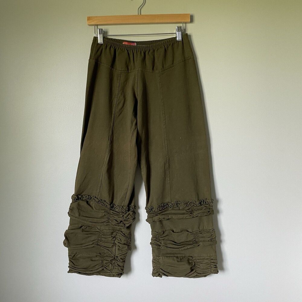 Avatar Boho Ruffled Capri Cropped Wide Leg Pants Stretchy Green Women's Medium